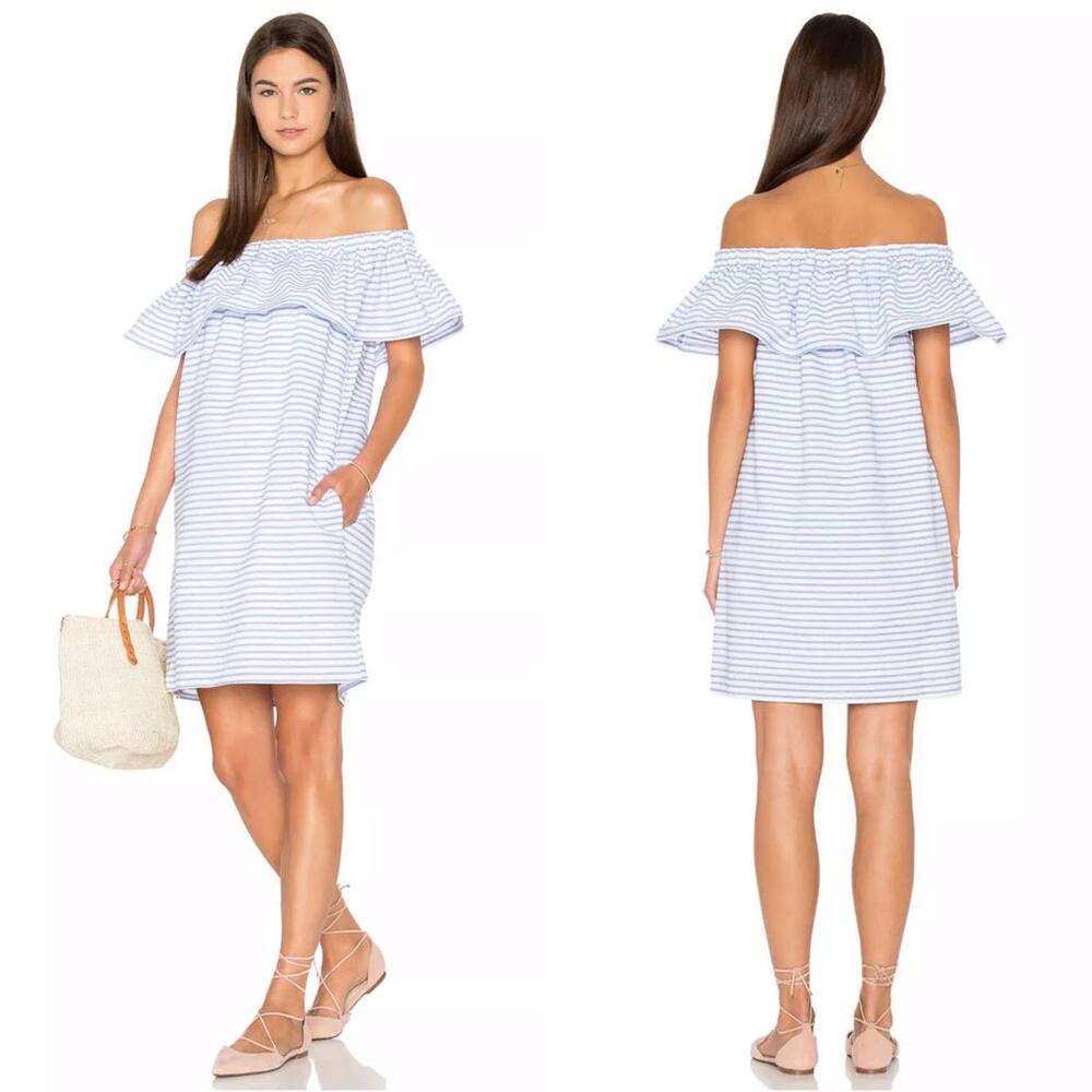 Line & Dot Pin Stripe Dress Off The Shoulder Blue White Lea